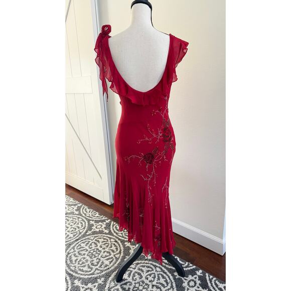 FLAWED Vintage Sue Wong Y2K Red Beaded Embroidered Asymmetrical Dress 12 S XS - Picture 6 of 17